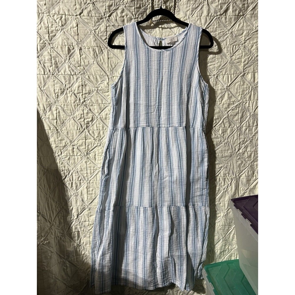 Women's Blue & White Striped Tiered Midi Sundress Sleeveless Round Neck L